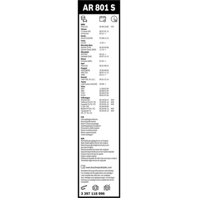 Scheibenwischer Aerotwin AR801S BOSCH | MERCEDES, VOLVO | 3397118996