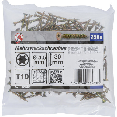 BGS Mehrzweckschrauben | T-Profil (für Torx) T10 | 3,5 x 30 mm | 250 Stück | 80992