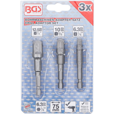 BGS Adapter-Satz für Bohrmaschinen | Außensechskant Antrieb 6,3 mm (1/4"""") | Abtrieb Außensechskant 6,3 mm (1/4""""), 10 mm (3/8""""), 12,5 mm (1/2""""), 3-tlg | 9685