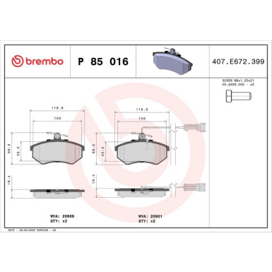 BREMBO Bremsklötze VA | AUDI 80, 90, 100, 200, Coupe 80-96 | P 85 016