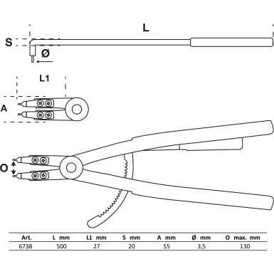 BGS Sprengringzange | abgewinkelt | für Innensprengringe | 500 mm | 6738