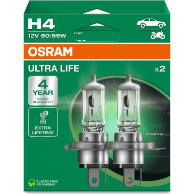 OSRAM H4 12V 60/55W P43t ULTRA LIFE 4 Jahre Garantie, 2 Stk