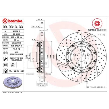 15 481 123 Brembo PREMIUM VA zweiteilig | MERCEDES C204/C219/R230/C197/A197 | 09.9313.33