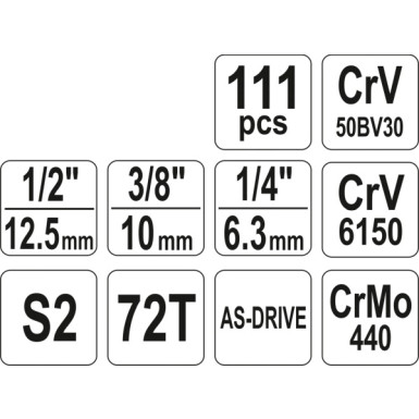 Steckschlüsselsatz Xl Typ2 1/2 + 3/8 + 1/4 111-Tlg | YT-38831