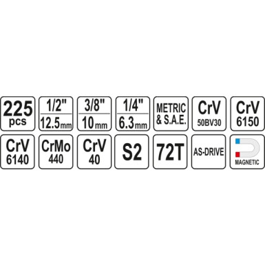 Steckschlüsselsatz Xxl Typ2 1/2 + 3/8 + 1/4 225-Tlg | YT-38941