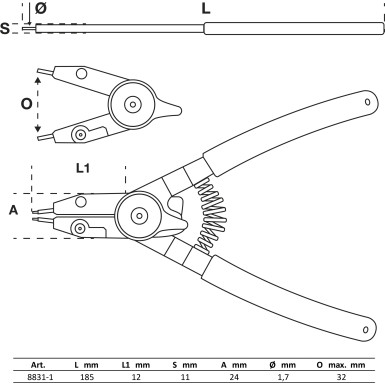 BGS Sprengringzange | für Außen-/Innensprengringe | auswechselbare Spitzen | 180 mm | 8831-1