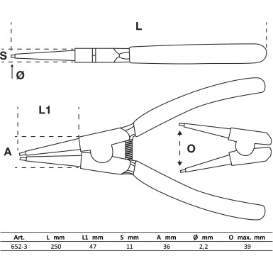 BGS Sprengringzange | gerade | für Außensprengringe | 250 mm | 652-3