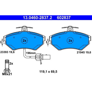 Bremsbelagsatz Audi P. A4 1.6-3.2 94-08 Mit Sensor | 13.0460-2837.2