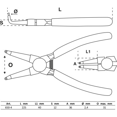 BGS Sprengringzange | abgewinkelt | für Innensprengringe | 225 mm | 650-4