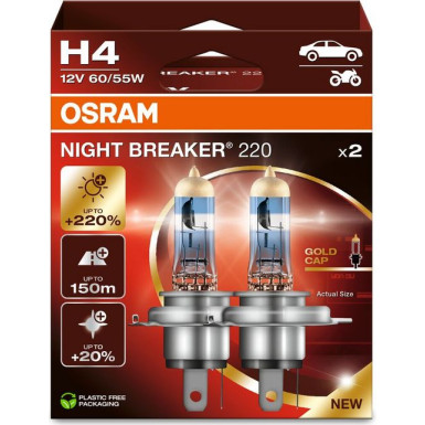 Osram | H4 12V 60/55W P43t NIGHT BREAKER® 220 +220% 2 St | 64193NB220-2HB