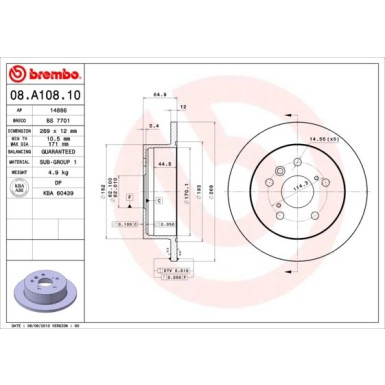 82 482 038 Bremsscheibe HA | TOYOTA Camry 2.4,3.0 01-05 | 08.A108.10