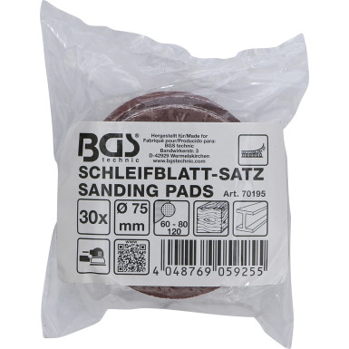 BGS Schleifblatt-Satz für Exzenterschleifer | Ø 75 mm | K 60 - 80 - 120 | 30-tlg | 70195