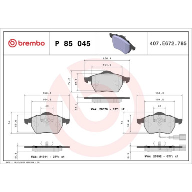 BREMBO Bremsklötze VA | AUDI A3 SEAT SKODA VW Golf 91-11 | P 85 045