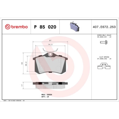 BREMBO Bremsklötze HA | AUDI,CITROEN,FORD,SKODA,VW 99 | P 85 020