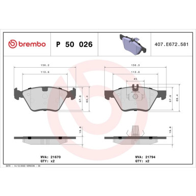 BREMBO Bremsklötze VA | CHRYSLER MERCEDES E-Klasse 97-05 | P 50 026