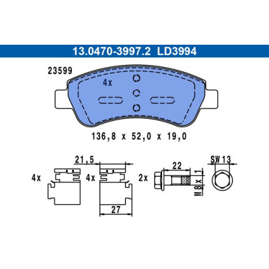 Bremsbelagsatz Peugeot P. 206/207/208/301/307/1007/2008/Partner 1.1-2.0 96- Keramik | 13.0470-3994.2