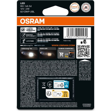 OSRAM W16W 12V 2W (16W) W2.1x9.5d LedRiving Cool White 6000K 2 Stück Blister