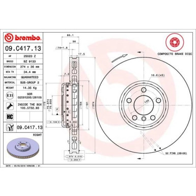 11 481 107 Brembo PREMIUM VA zweiteilig | BMW 5 F07,7 F01,F02,F03,F04 09 | 09.C417.13