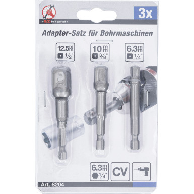 BGS Adapter-Satz für Bohrmaschinen | Antrieb Außensechskant 6,3 mm (1/4"""") | Abtrieb Außenvierkant 6,3 mm (1/4"""") / 10 mm (3/8"""") / 12,5 mm (1/2"""") | 3-tlg | 8204