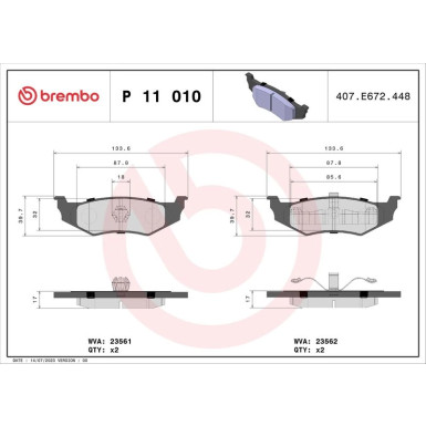 BREMBO Bremsklötze HA | CHRYSLER Neon/Stratus/Voyager 95 | P 11 010